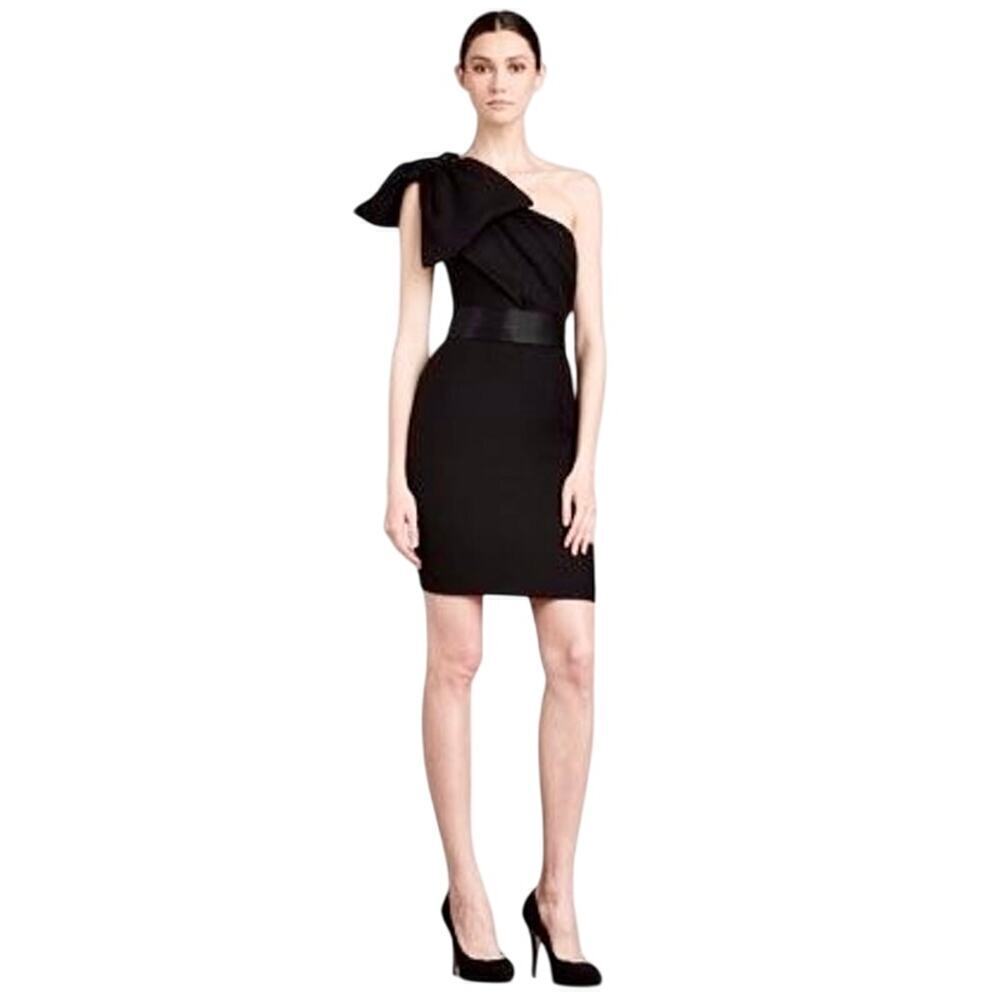 Marchesa Notte Dress One Shoulder Mini Bow Beaded Belted Cocktail LBD Black 4